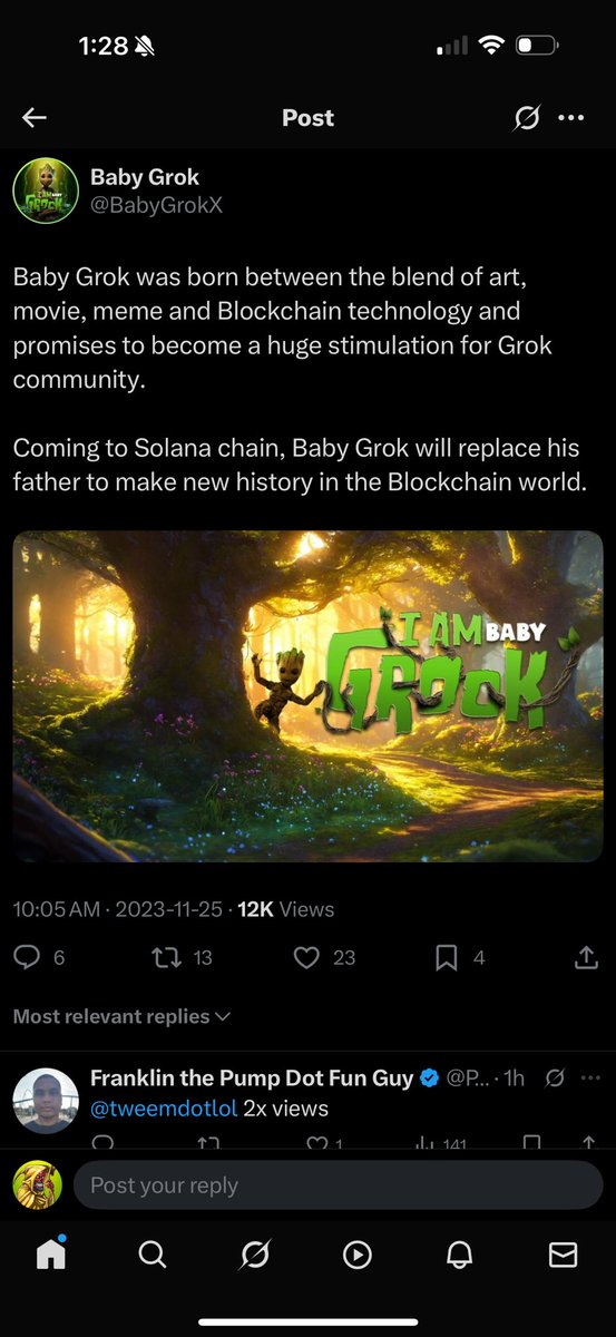 First <a href="/elonmusk/">Elon Musk</a> announces #babygrok as a new kid-friendly platform.

Then he acknowledges that it is inspired by #babygroot.

And there turns out to be a coin 20 months old that is called #babygrok and is inspired by #babygroot!

OG’s always win especially ones that are ahead of