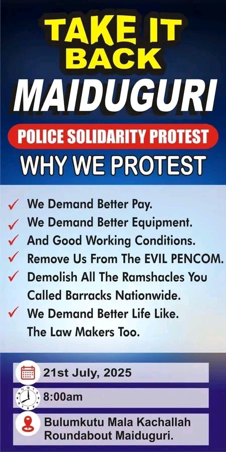 TIBmovement's tweet image. MAIDUGURI JOINS THE #POLICEPROTEST Bulumkutu Mala Kachallah Roundabout, Maiduguri
Monday, July 21, 2025
Time - 9:00AM
No salaries. No pensions. No dignity.
Police officers and citizens say: ENOUGH IS ENOUGH!
Retirees, widows, serving officers, students will rise as one!
