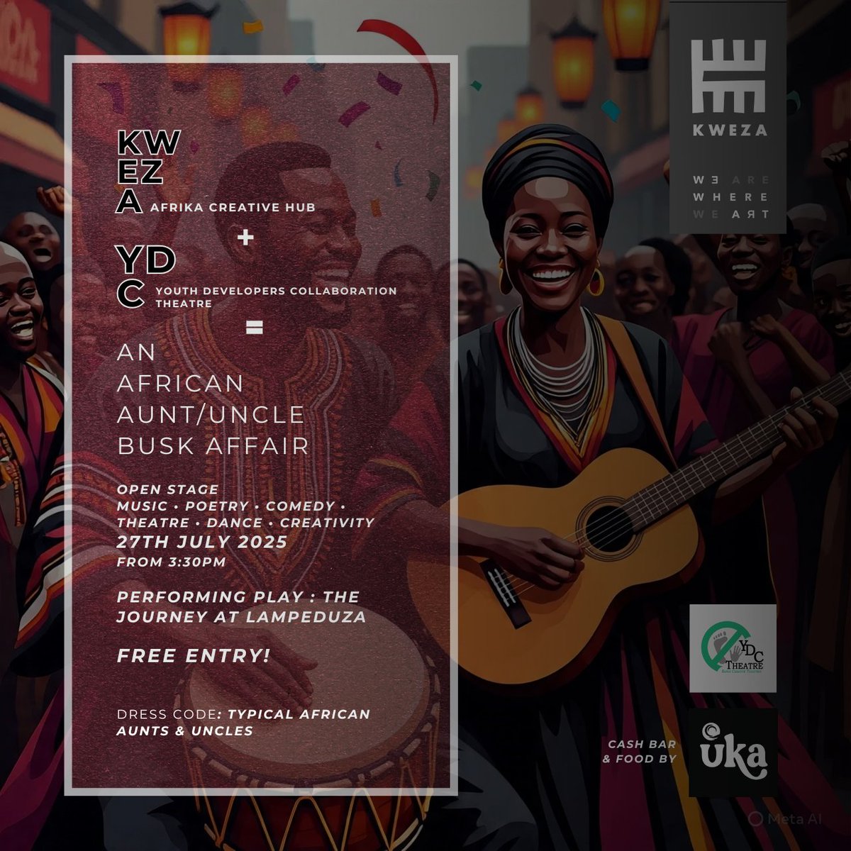 Busk, but make it African Auntie/Uncle -core.
Music. Laughter. Print fabrics. Open stage magic.
27 July, 3:30PM @ Kweza
Come dressed like your fave aunt or uncle.
It’s free. But the vibes? Priceless.
#busk #kweza #ydc #theater #openstage #art