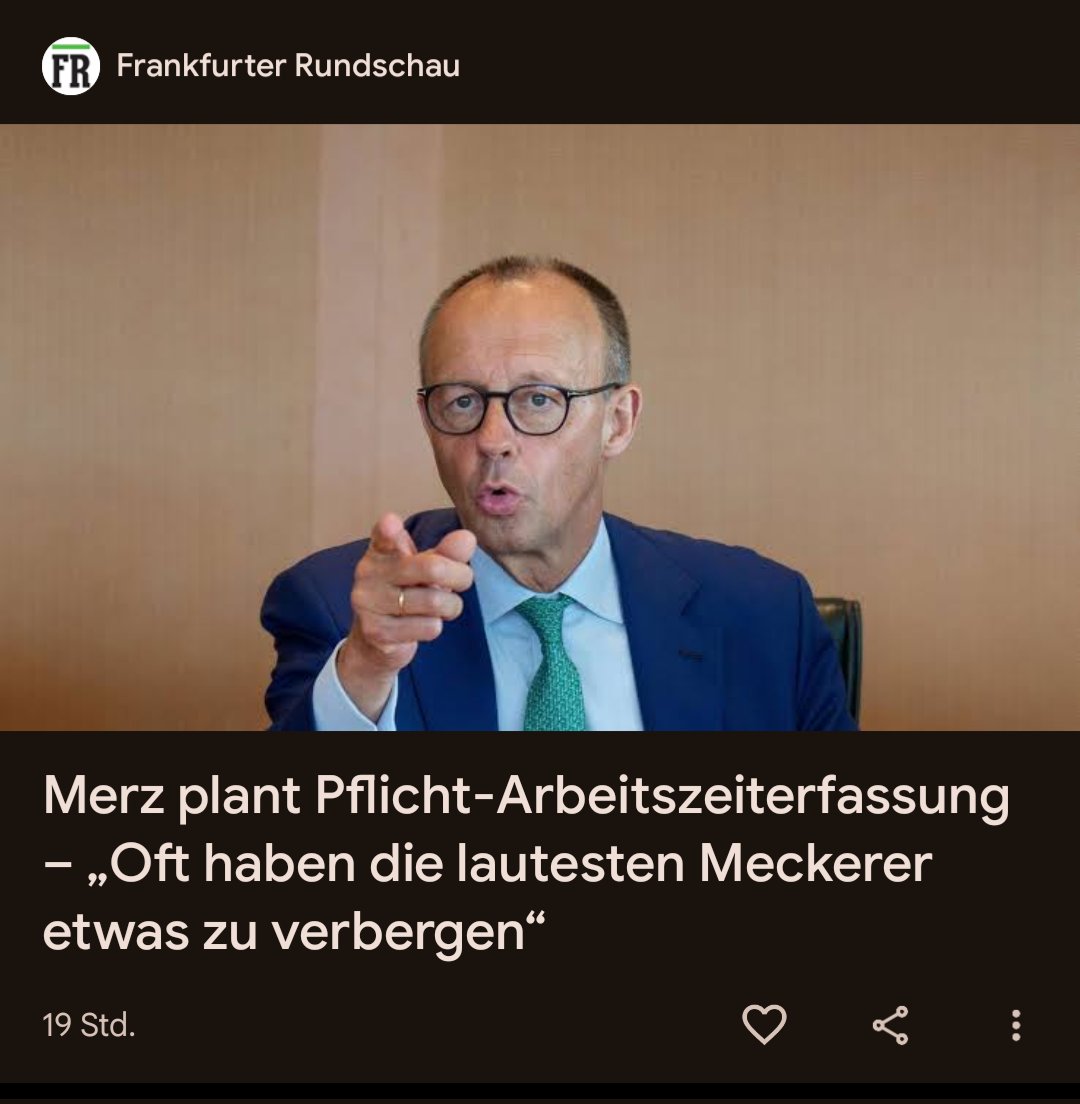 DoktorHuus's tweet image. Moin!
Hallo Herr @_FriedrichMerz!
Wenn man noch nicht mal weiß, dass es in seinem Land schon die Pflicht zur Arbeitszeiterfassung, mittlerweile sogar eine Pflicht zur digitalen Arbeitszeiterfassung, gibt, dann ist man ein sehr schlechter @bundeskanzler.
fr.de/wirtschaft/mer…