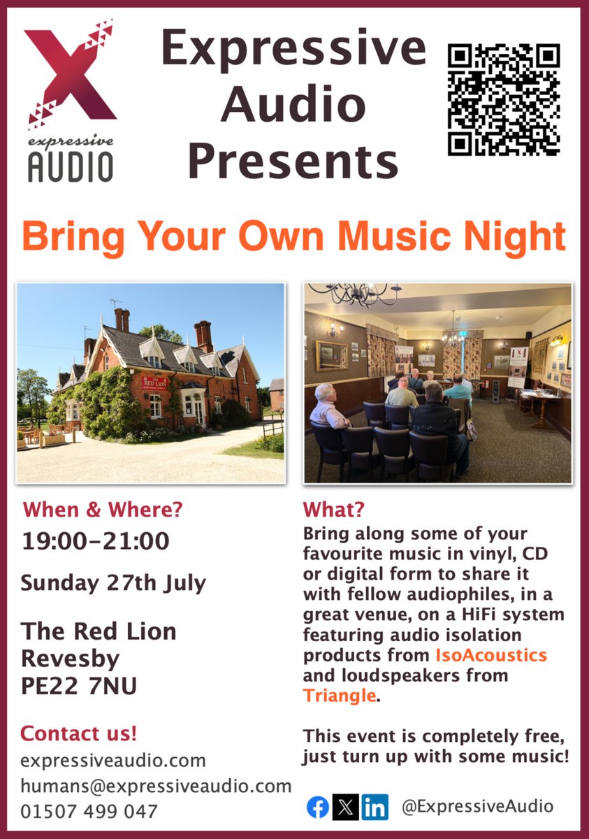 ExpressiveAudio's tweet image. Our 'Bring Your Own Music Night' is next Sunday, 27th July, at @redlionrevesby! Come along to hear your favourite #music on a #HiFiSystem with #AudioIsolation products from @IsoAcoustics and #loudspeakers from Triangle.
More details: zurl.co/10SmW
@sound_serviceuk #HiFi