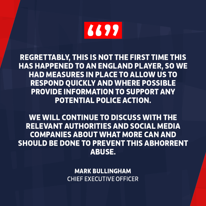 FA's tweet photo. FA CEO Mark Bullingham has condemned the abhorrent racist abuse @Lionesses defender Jess Carter has suffered.