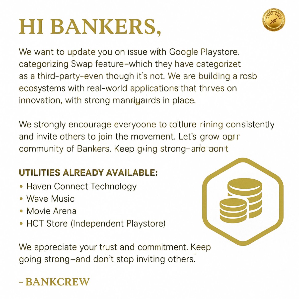 BANKBLOCKCHAIN1's tweet image. Hi Bankers,
We want to update you on the current situation regarding Google Play Store. One of the issues raised is the presence of the Swap feature, which they have categorized as a third-party service—even though it’s not.
At Bank Network, our primary focus has always been on…