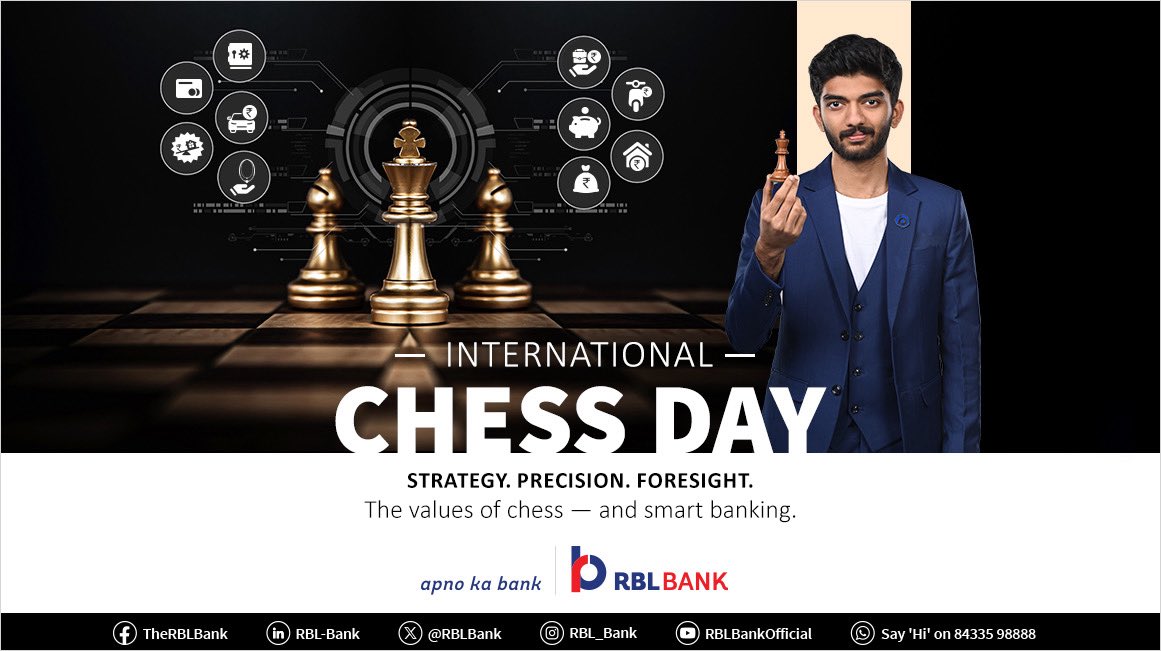 rblbank's tweet image. Strategy. Precision. Foresight. The values of chess, and the values we bring to your banking journey. 

@DGukesh 

#InternationalChessDay #DGukesh #ApnoKaBank #RBLBank