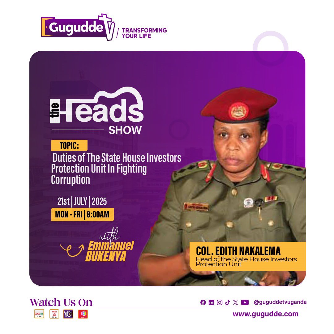 ShieldInvestors's tweet image. 📣Don’t miss the conversation tomorrow, 21st July 2025 at 8:00 AM on the Heads Show @guguddetvuganda.
Col. @edthnaka, Head of SHIPU, will shed light on the Unit’s role in combating corruption and ensuring a secure, transparent environment for investors in Uganda.…