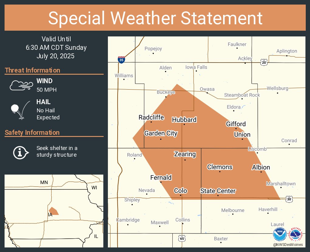 NWSDesMoines's tweet image. A special weather statement has been issued for State Center IA, Colo IA and Hubbard IA until 6:30 AM CDT
