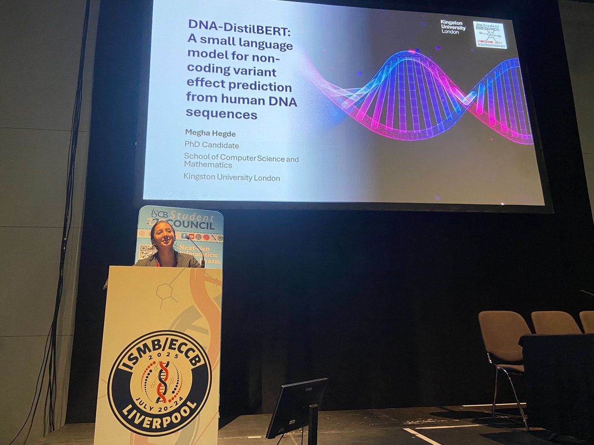iscb_scs's tweet image. Big impact in a compact model!
That's what Megha Hegde ,our #SCS2025 Chair, brought to stage, introducing her work on "DNA-DistilBERT", a model that predicts the effects of non-coding DNA variants.
Presented in MLCSB Session, and yes - the future looks thrilling 🙌🏻
