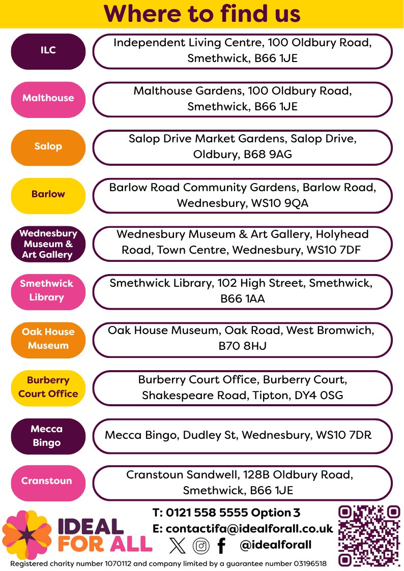 Excited to share Ideal for All's Weekly Schedule!
Join us every week packed with Health &amp; Wellbeing Groups, Employment Support,  Welcoming Space Drop in's and more!
Check out our schedule below and join us in 
Making life better for all of us! 
#IdealForAll #WeeklySchedule