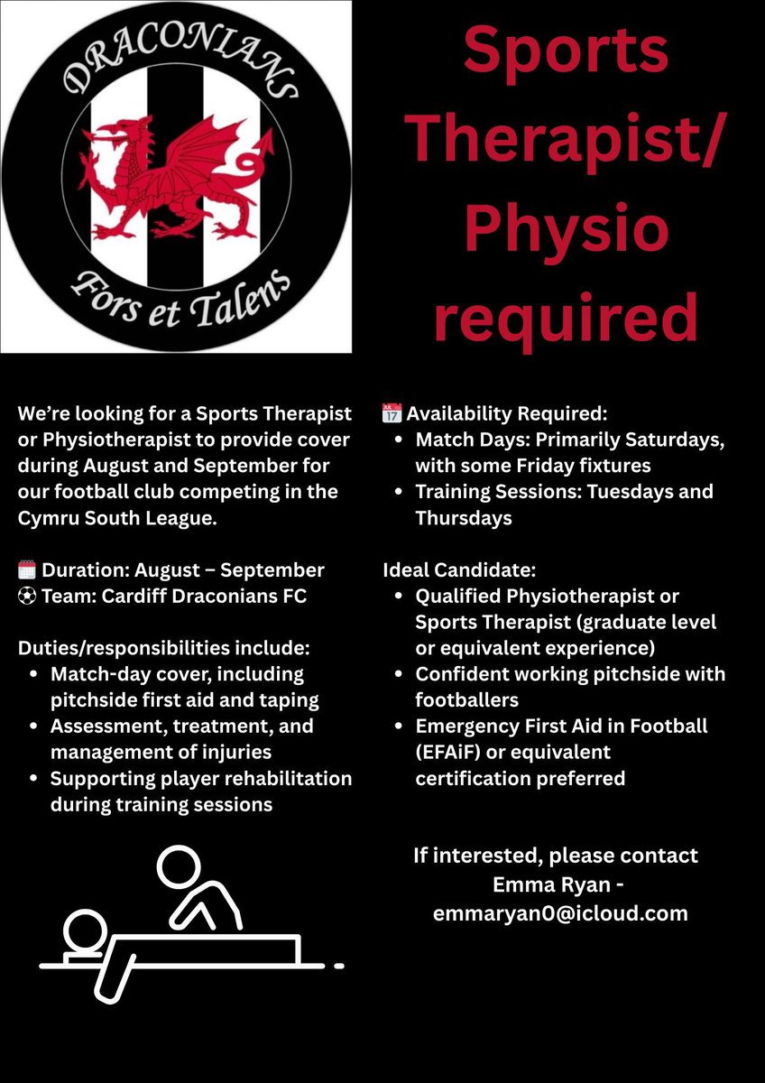Cardiff Draconians (@cdraconians) on Twitter photo ๐จ ๐๐๐๐๐๐๐! ๐จ
Cardiff Draconians are on the hunt to bring in a new Sports Therapist/Physio on a temporary basis between August and September.
To find out more about the role please contact Emma Ryan on emmaryan0@icloud.com. #TheDracs ๐จ ๐๐๐๐๐๐๐! ๐จ
Cardiff Draconians are on the hunt to bring in a new Sports Therapist/Physio on a temporary basis between August and September.
To find out more about the role please contact Emma Ryan on emmaryan0@icloud.com. #TheDracs