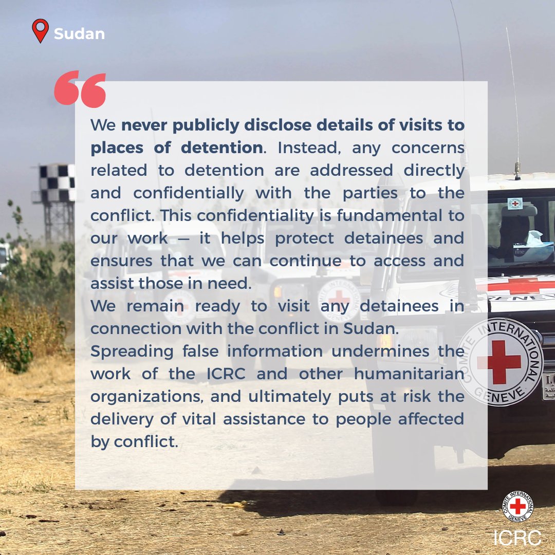 ICRC_Sudan's tweet image. Recent claims circulating on some websites about our alleged statement regarding the treatment of detainees #NorthKordofan are false.
#FactsMatter #ICRC #Sudan