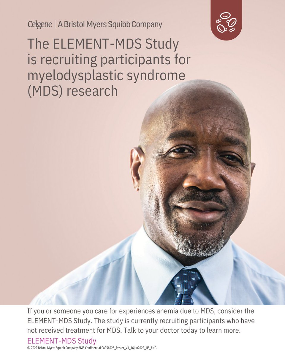 MDSFoundation's tweet image. MDS can lead to RBC transfusion-dependent anemia, risk of infection, and potential progression to AML.
The ELEMENT-MDS Study is enrolling adults 18+ with MDS who are transfusion-independent and have not received prior ESA treatments.
Learn more: BMSClinicalTrials.com/ELEMENT
