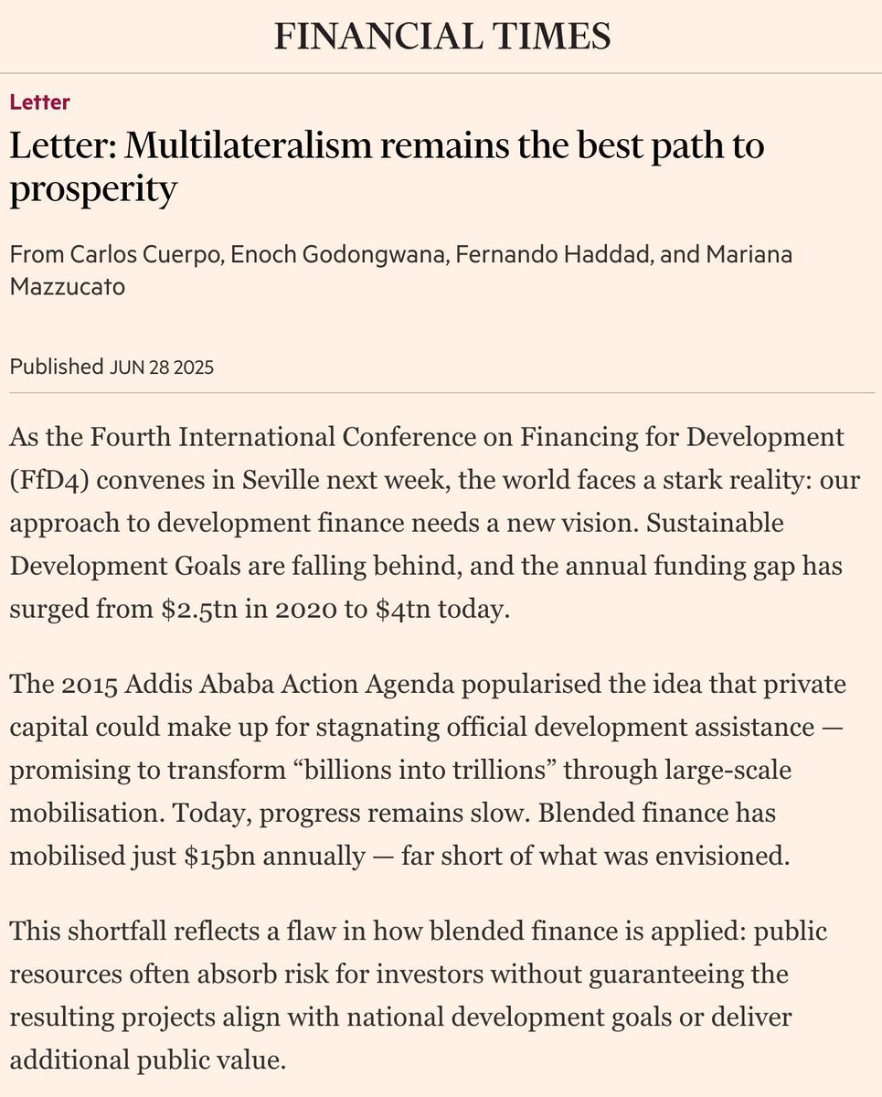 IIPP_UCL's tweet image. 🤝 Multilateralism remains the best path to prosperity
@IIPP_UCL Prof @MazzucatoM published a joint letter in the @FT, with @carlos_cuerpo, @Haddad_Fernando & Enoch Godongwana, urging for a new approach to development finance.
✍️ Read the letter here: buff.ly/XirENRP