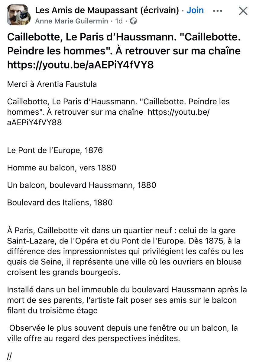 🎨 Gustave Caillebotte, Le Paris d’Haussmann, Peindre les hommes, Musée d’Orsay 

👉youtu.be/aAEPiY4fVY88

Le Pont de l’Europe, 1876

Homme au balcon, vers 1880

Un balcon, boulevard Haussmann, 1880

Boulevard des Italiens, 1880
