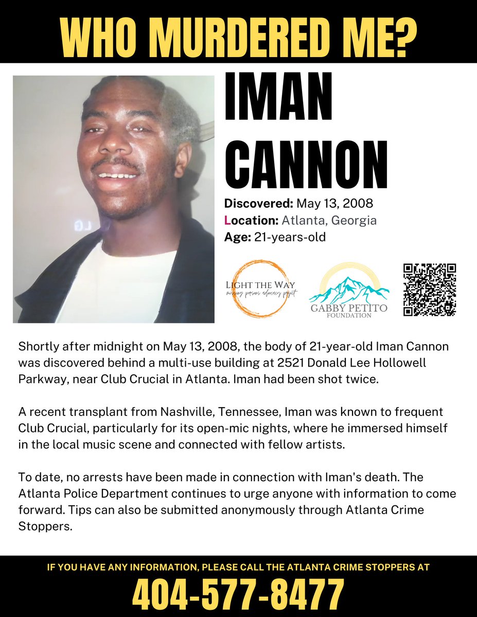 LightTheWay22's tweet image. On May 13, 2008, the body of #ImanCannon was discovered behind a multi-use building at 2521 Donald Lee Hollowell Parkway, near Club Crucial in #Atlanta, #Georgia. Iman had been shot twice.
Iman was known to frequent Club Crucial, particularly for its open-mic nights, where he…
