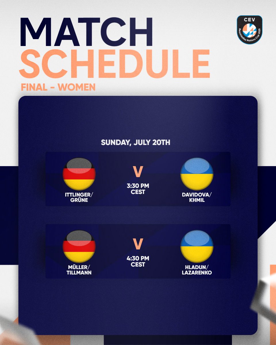CEVolleyball's tweet image. Who will win the #BeachNationsCup 2025 Gold Medal today??? 🤔
Germany 🇩🇪 or Ukraine 🇺🇦 

📺 Watch the FINAL LIVE on EuroVolley.TV ➡️ link.cev.eu/Subscription
 #CEV #BeachVolleyball