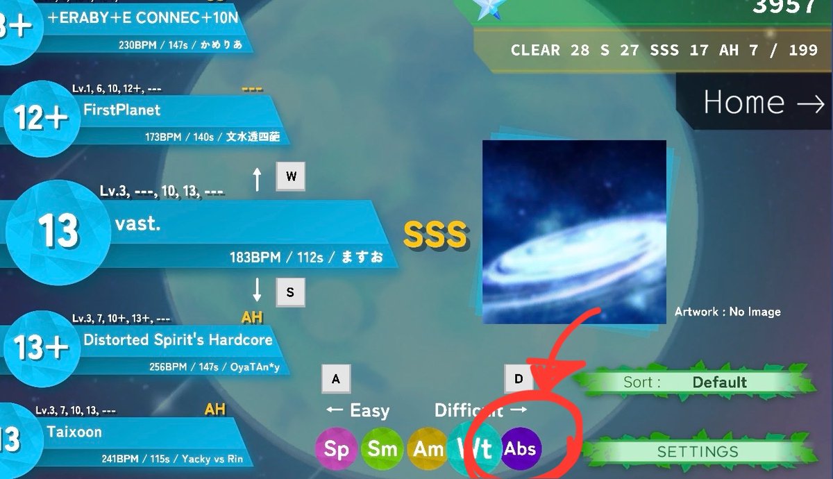 yomo2gik's tweet image. 【難易度Seasonless 復刻】
先ほど公開されたアップデート Ver.2.8.2では、特殊難易度『Seasonless』がついに復刻!
既存の3譜面に加えて、vast./ますお の新規Seasonless譜面、計4譜面を公開!
下画像の矢印で示している『Abs』ボタンを連打すると…?