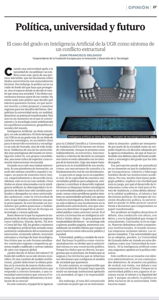 _PepeEntrena's tweet image. El periódico Ideal @ideal_granada publica hoy un interesante artículo de opinión de Juan Francisco Delgado @Juanfradelgado sobre el papel que deben jugar las universidades y concretamente la UGR @CanalUGR, en el futuro de Granada y Andalucía. Lectura recomendable.