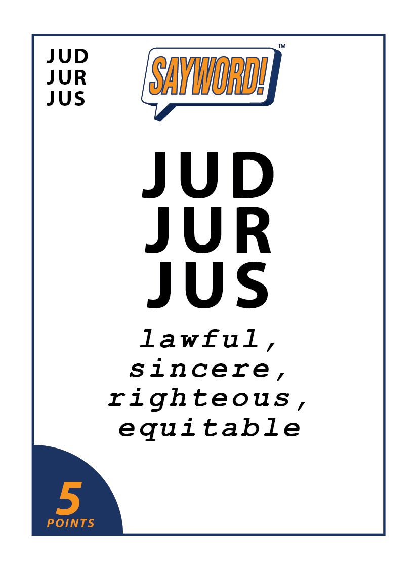 saywordgame's tweet image. 1) Comment with a word containing “JUD/JUR/JUS” meaning “LAWFUL/RIGHTEOUS”. No Repeats!
2) Tag the next player. No tag-backs!
3) For a chance to win a free copy of SAYWORD! , like, follow, & repost (not quote)! (Previous winners also eligible) #giveaway #clearthelist #gamenight…