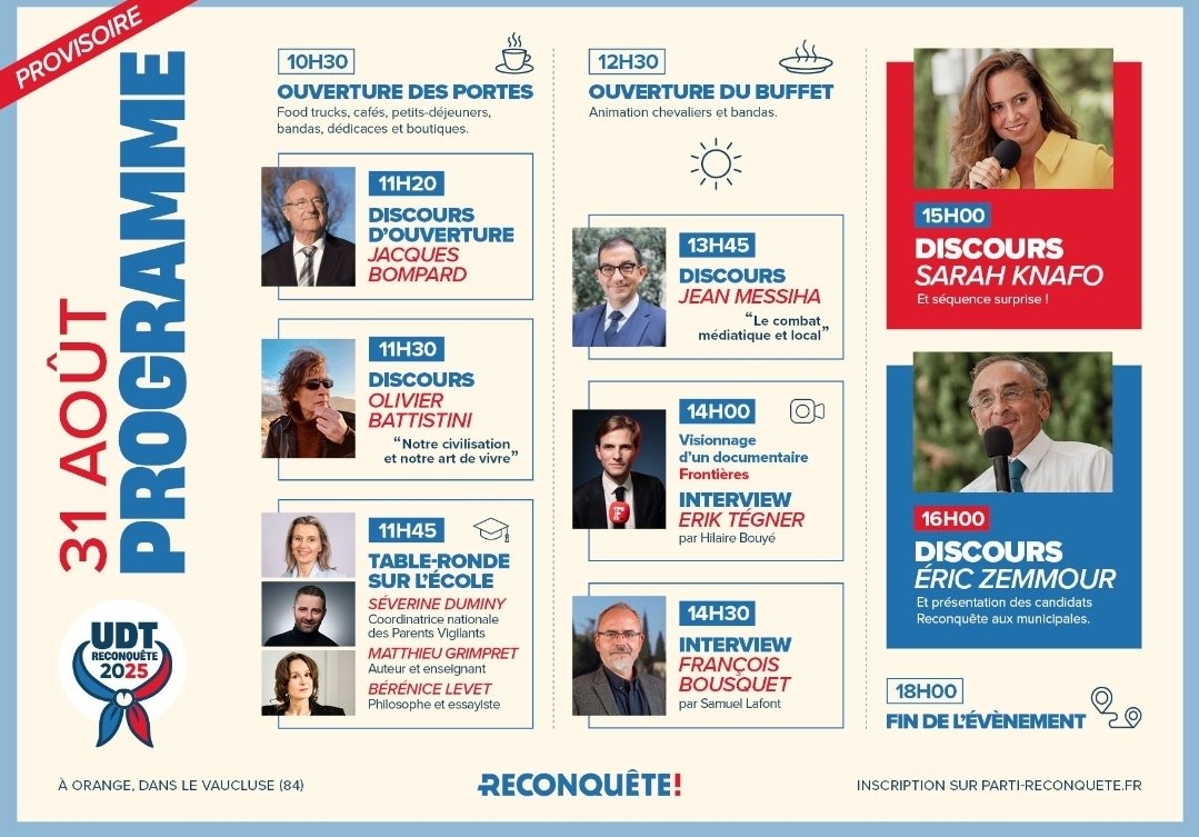 _ilangz_'s tweet image. L&apos;université d&apos;été 2025 de R! s&apos;annonce intéressante avec la participation de @knafo_sarah, @ZemmourEric, @JeanMessiha, @Battistini2A02, @tegnererik, @SeverineDuminy, @JacquesBompard, @Bousquet_FR, Bérénice Levet, Matthieu Grimpet et bien d&apos;autres. À suivre de près !