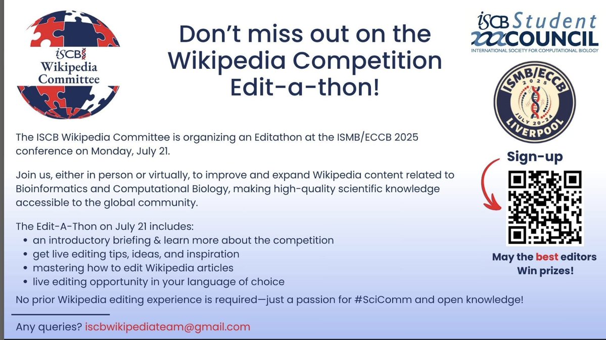 propicee's tweet image. At #ISMBECCB2025? Join the Wikipedia Edit-A-Thon on 21 July! 🧬
Improve Wikipedia’s coverage of #Bioinformatics #ComputationalBiology by upgrading articles or adding new topics in your language of choice, fortifying citations. Learn More 👇 @ISCBWikiTeam
@nselem35 @iscbsc