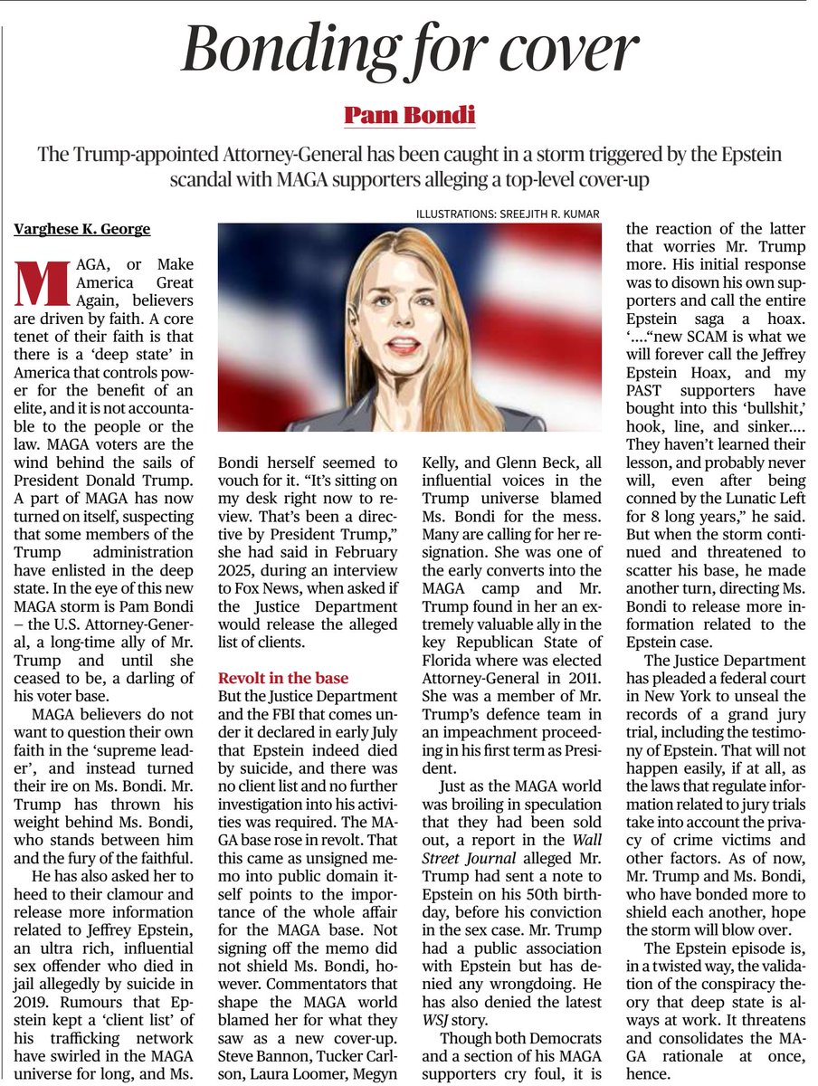 TheVikasLohchab's tweet image. #PamBondi, #Trump-appointed #AttorneyGeneral, faces backlash from #MAGA supporters over alleged #Epstein scandal cover-up. Critics question her past Epstein ties, while her Justice Department role sparks revolt. Despite denials, controversy fueled by suicide rumors and client…