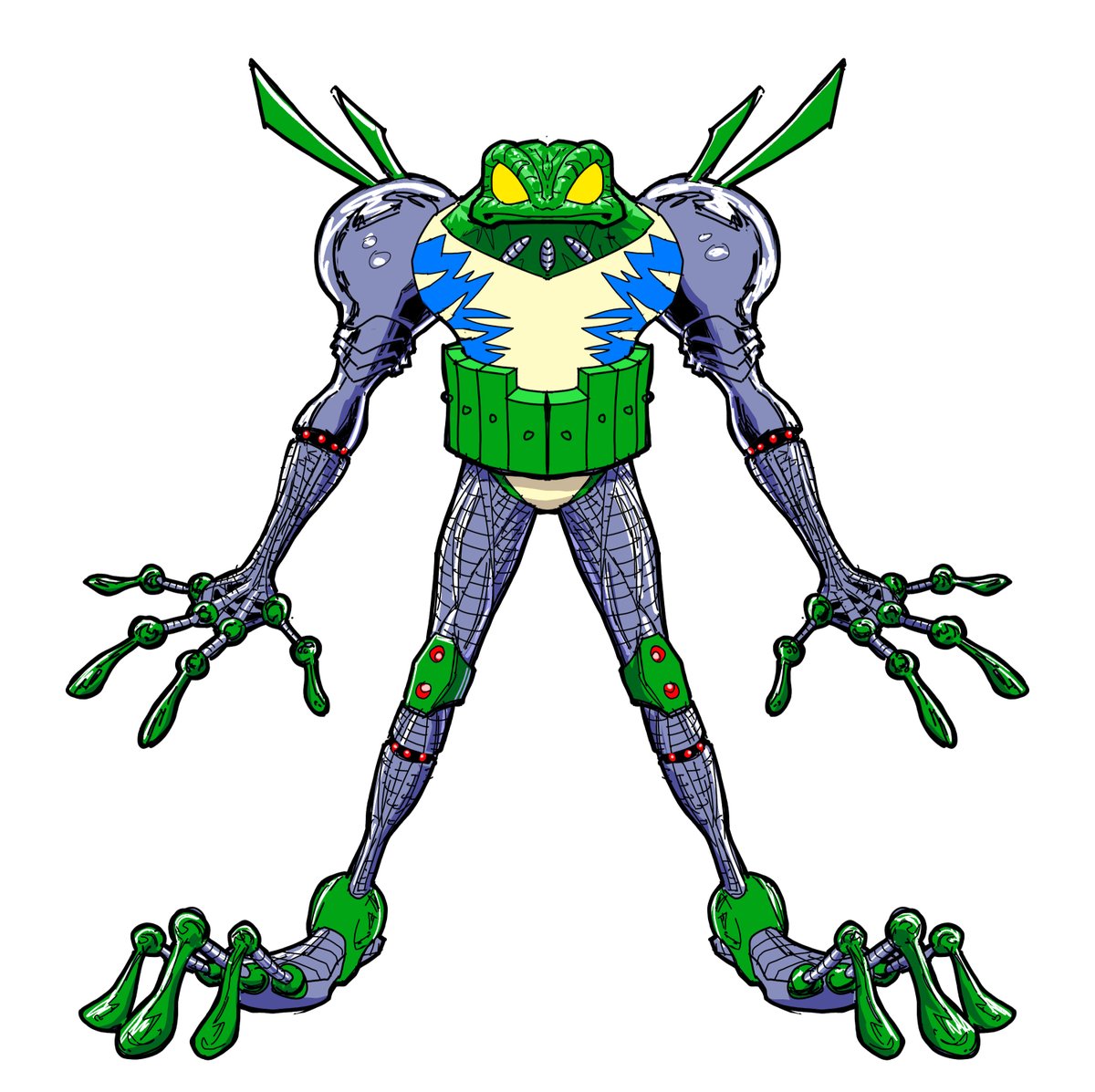 BenHerrera01's tweet image. Here's one of the Cyberfrog preliminary practice sketches I did a little while ago to start getting to know the character. I gotta say, cool character design that's fun to draw. I thought I'd through a little colour on 'im.
