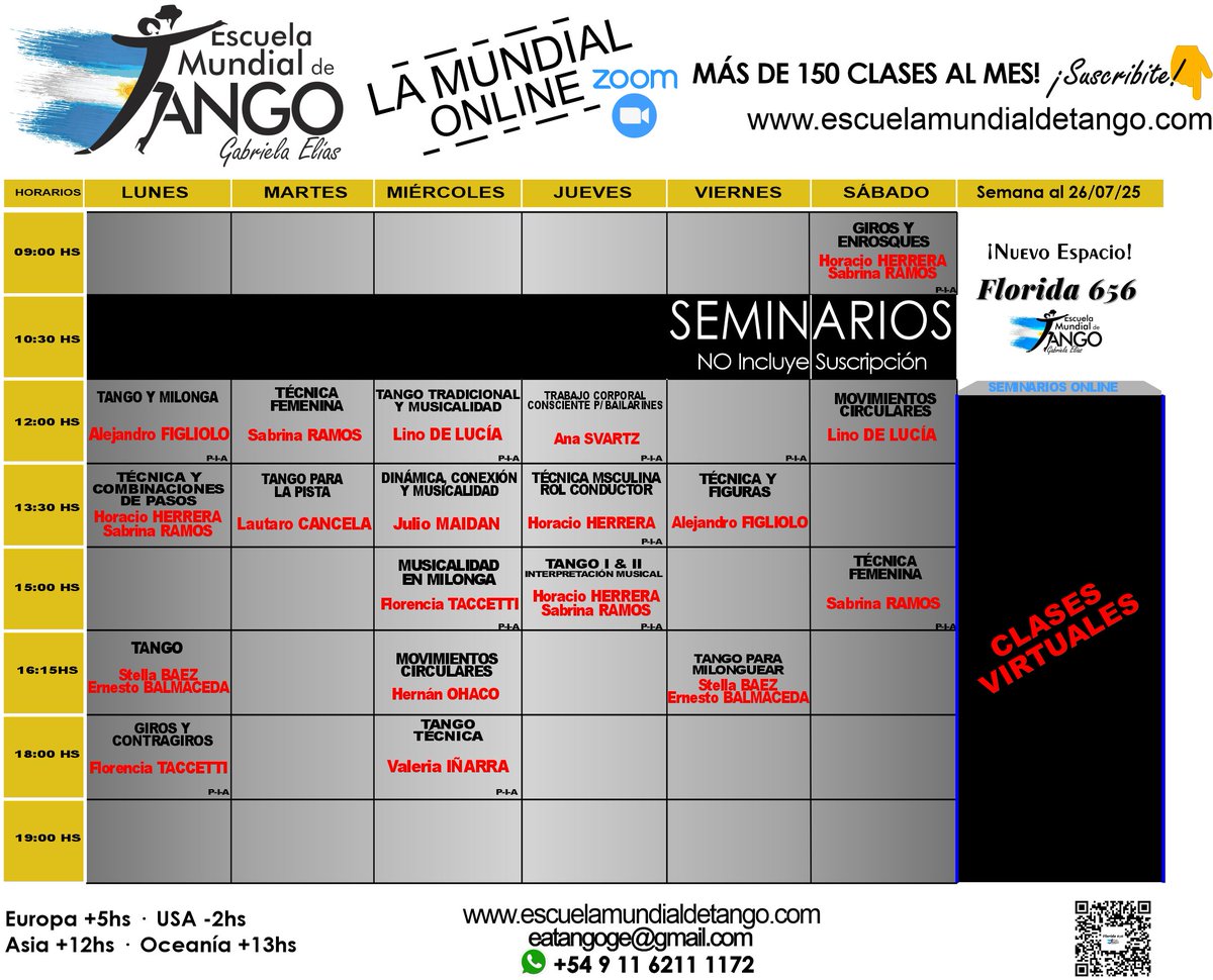 ✨La 𝑴𝒖𝒏𝒅𝒊𝒂𝒍 ONLINE x 𝐙𝐎𝐎𝐌. Semana 2️⃣1️⃣ 𝐚𝐥 2️⃣6️⃣ 𝐝𝐞 JUL 2️⃣5️⃣✨
Horarios clases regulares online x 𝐙𝐎𝐎𝐌: escuelamundialdetango.com/suscripcion/
Mensual o pack 4 clases
📱 Whatsapp: +54 9 11 6211 1172  / 📧eatangoge@gmail.com
Presenciales en 𝐅𝐥𝐨𝐫𝐢𝐝𝐚 𝟔𝟓𝟔, 1er piso, CABA