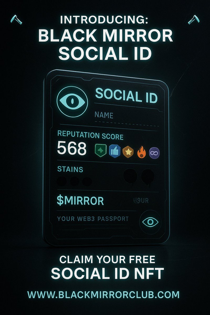 adeleke69846's tweet image. Day 3 of posting @blackmirror_xp Airdrop Reminder Till Launch 

🪞 INTRODUCING BLACK MIRROR SOCIAL ID 🪞
Welcome to a new digital order where reputation = currency and influence = power.
#BlackMirrorSocialID #ReputationFi
#BlackMirrorXP