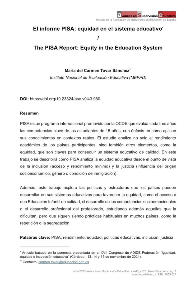 El informe PISA: equidad en el sistema educativo 

Por María del Carmen Tovar Sánchez 

Políticas educativas en favor de la equidad e inclusión. 

avances.adide.org/index.php/ase/…