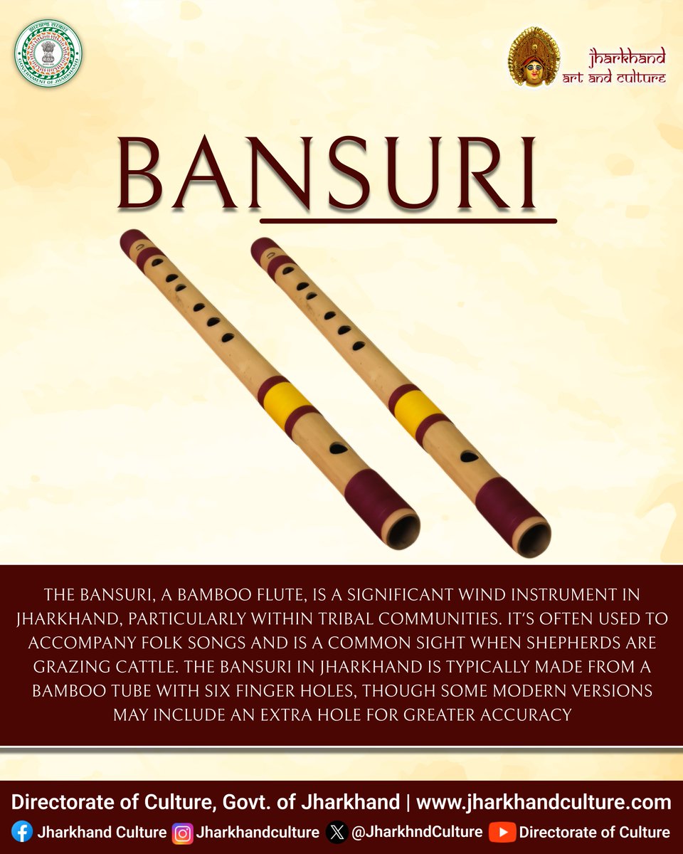 JharkhndCulture's tweet photo. The soulful sound of the Bansuri, a bamboo flute deeply rooted in Jharkhand’s tribal culture, echoes the rhythms of nature and tradition. Each note carries stories passed down through generations.
#bansuri #FolkInstruments #JharkhandCulture #dekhoapnajharkhand #visitjharkhand https://t.co/TIad6vwnhr