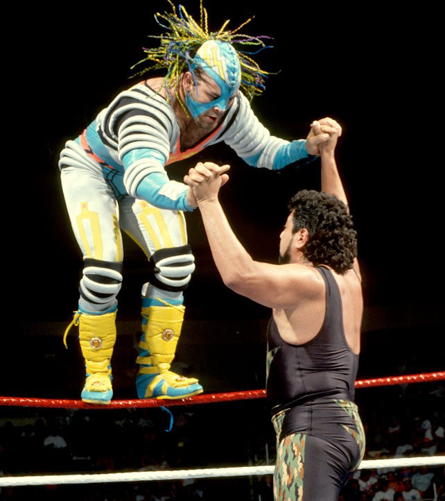 WWFWrestling1's tweet photo. On this day in 1992: Konnan, wrestling under the name of Relampago (later changed to Max Moon) defeated the Mercenary (Luis Mendieta) during a WWF Superstars taping in Worcester, MA. #WWF #WWE #Wrestling #Konnan #MaxMoon https://t.co/A89A7RLBaS