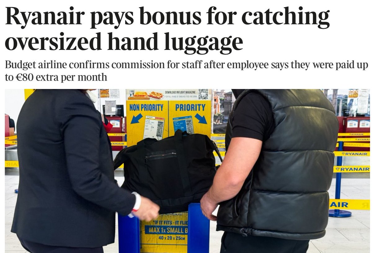 paullewismoney's tweet photo. Ryanair admits it pays bonuses to gate staff who enforce its designed-to-be-difficult bag size rules https://t.co/thTTVOA3Xl earn €1.30 to cost a passenger €75. It must take a special type of customer service dedication to do that! https://t.co/OXqDkWhpYt