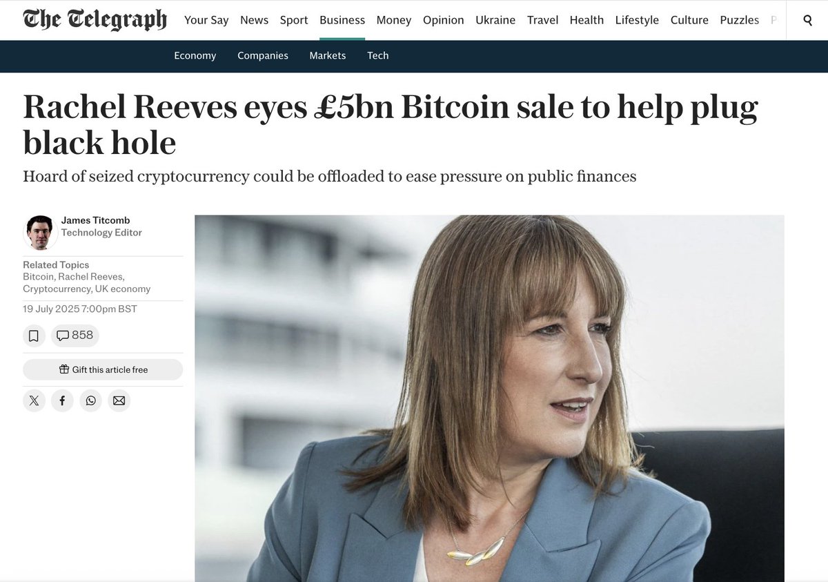 🚨UK PLANS TO DUMP SEIZED BITCOIN? Chancellor Rachel Reeves may sell £5B+  in BTC seized from a 2018 Chinese Ponzi scheme — including 61,000 $BTC.  🇬🇧 The Home Office is building a