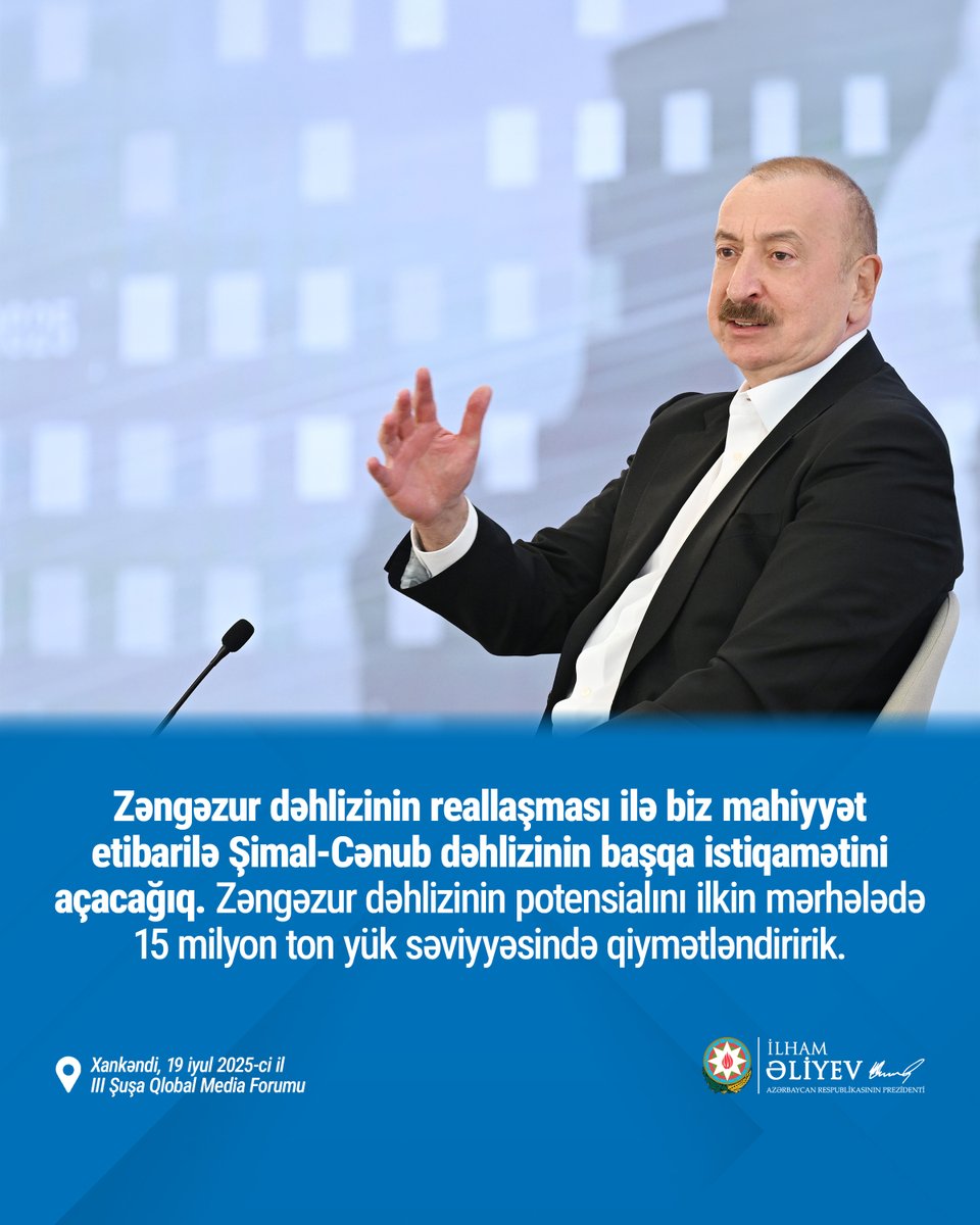 azpresident's tweet image. Prezident İlham Əliyev: “Zəngəzur dəhlizinin reallaşması ilə biz mahiyyət etibarilə Şimal-Cənub dəhlizinin başqa istiqamətini açacağıq”.