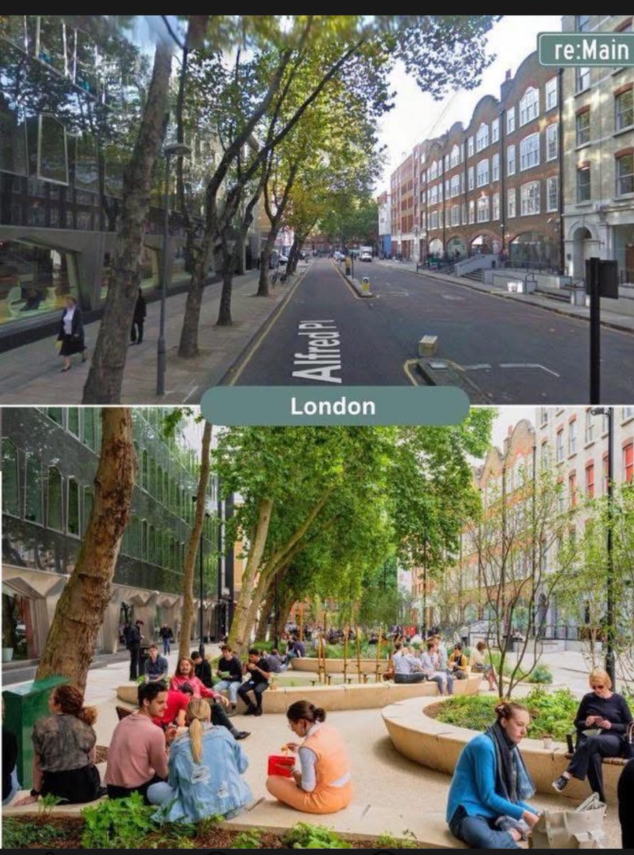Dirk_Lauwers's tweet image. Stedelijke transformatie: van auto-congestie naar menselijke connectie.
Ik deelde hier al vaak beelden uit Parijs waar die transformatie aan ‘n enorm tempo wordt doorgevoerd.
Maar in London gaat het ook hard.
Hier hoe de wijk West End er tegenwoordig uit ziet.
Pic IMM Design Lab