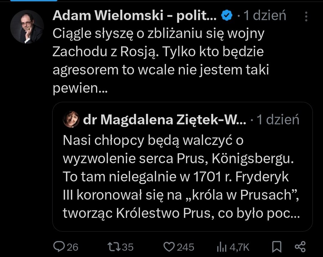 mic_marek's tweet image. Strona rosyjska może liczyć na propagandowo-dezinformacyjną działalność państwa Wielomskich z zakresu deprecjonowania wizerunku RP...
Od deprecjonowania wizerunku min. @sikorskiradek po promowanie narracji o "planach Polski" dot. ataku na obw. Królewiecki - rosyjska teza…