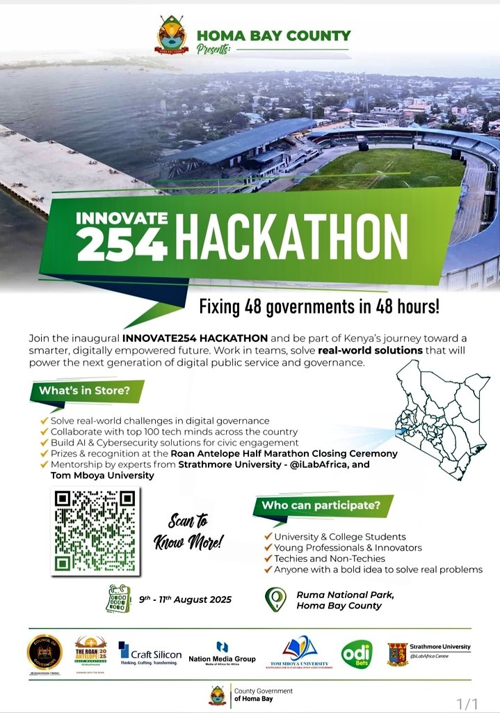 KENYAN INNOVATORS: 

Here’s your call to join the 48-hour #Innovate254 Hackathon at Ruma National Park, Homa Bay, from August 9th to 11th. 

The Innovate254 Hackathon presents an exceptional opportunity for young tech people to demonstrate their skills and creativity. 

Come