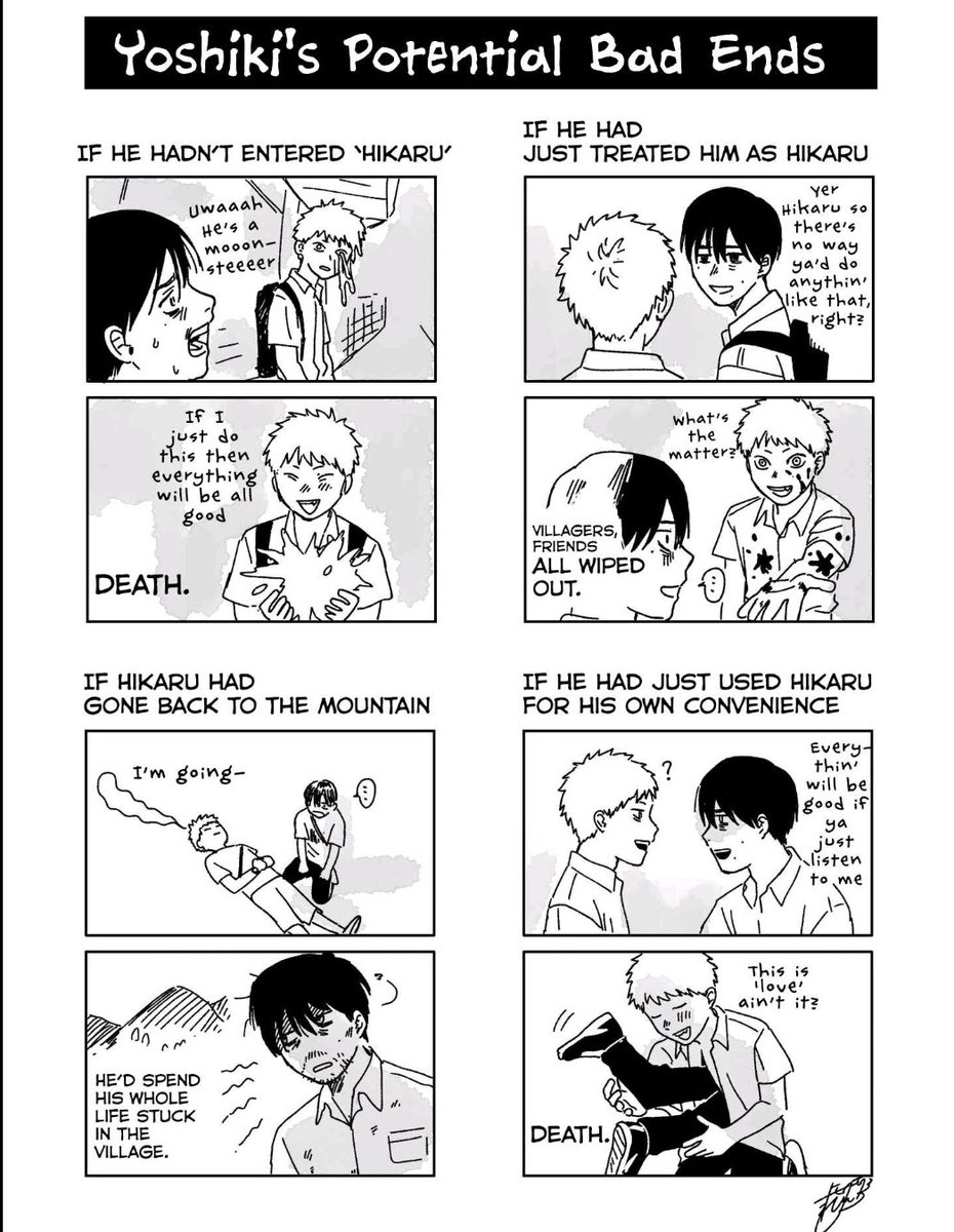 Cernooooo's tweet photo. I don't think tshd will have bad ending because Yoshiki understands that his humanity centric values aren't the only thing he needs to consider. 

We literally have a comic about it 😭 https://t.co/M8IzR91fRk