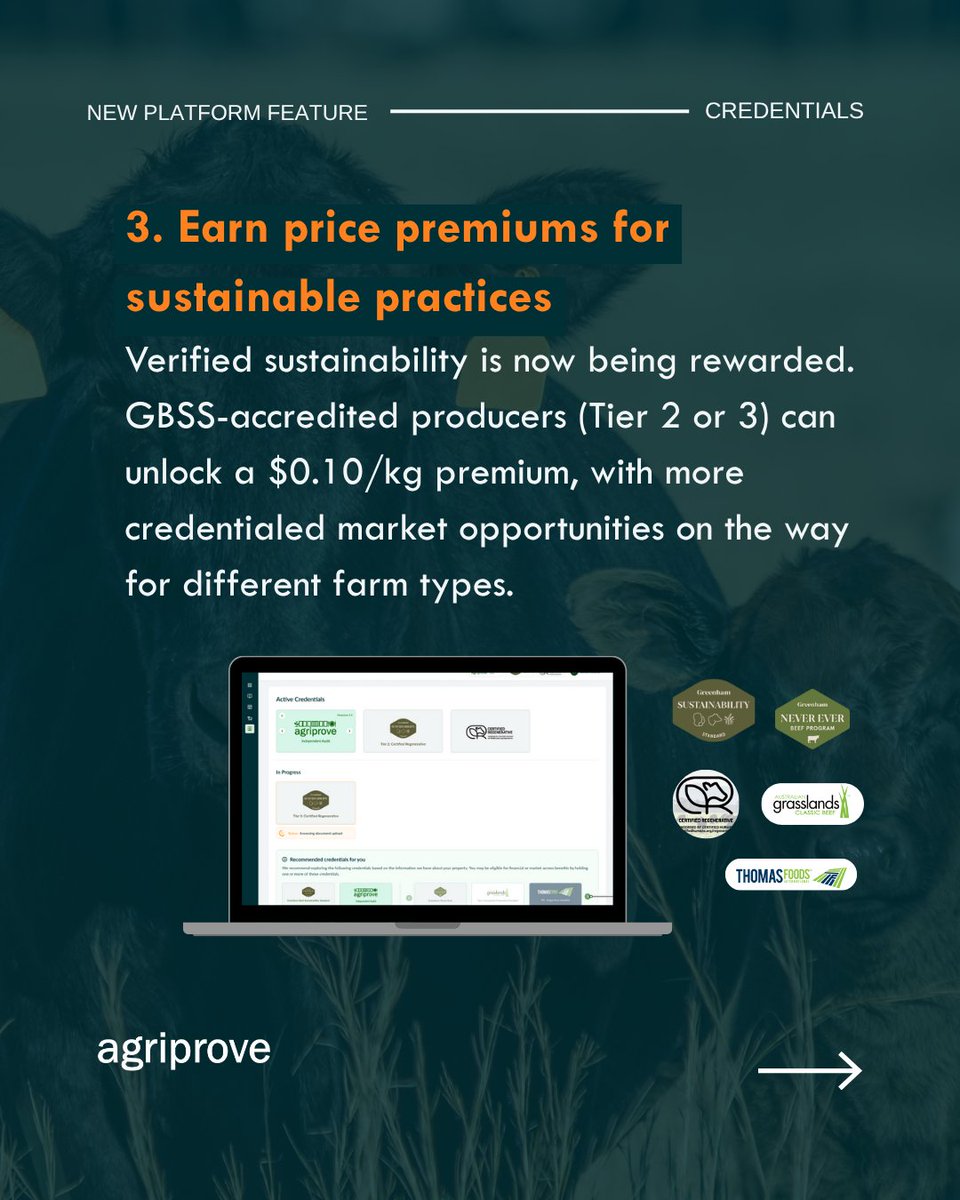 🌱 AgriProve Platform: Credentials
Unlock sustainability pemuims with ease.

- Verified premium beef markets
- Up to $0.10/kg premium (GBSS)
- Free &amp; simple onboarding
📲 Explore now: hubs.ly/Q03xNL1z0

#Soilcarbon #Sustainability #Beef #Cattle #RegenAg