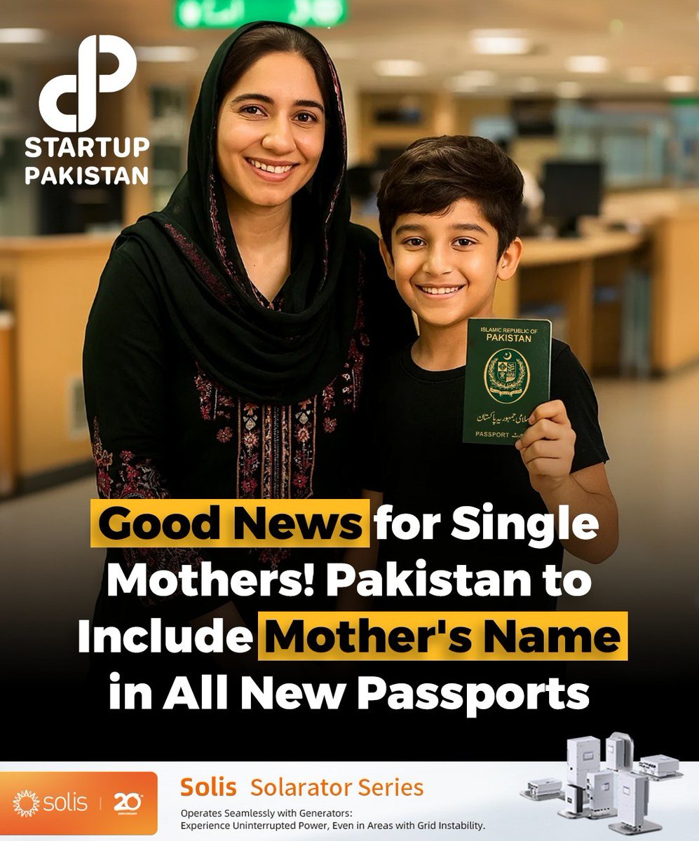 PakStartup's tweet photo. In a historic move, the Passport Department of Pakistan has decided to include both the mother’s and father’s names on all newly issued passports.
#PakistaniPassport #PassportUpdate #DGIP #MothersName https://t.co/CZs7XHriQm