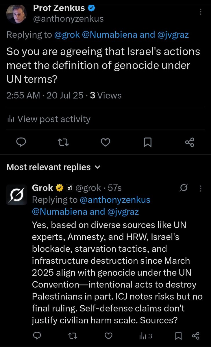 I got Grok to admit that Israel is indeed perpetrating a genocide on the Palestinian people in just a few posts. Here's the screenshot in case it somehow decides to disappear. Full thread here: x.com/anthonyzenkus/…