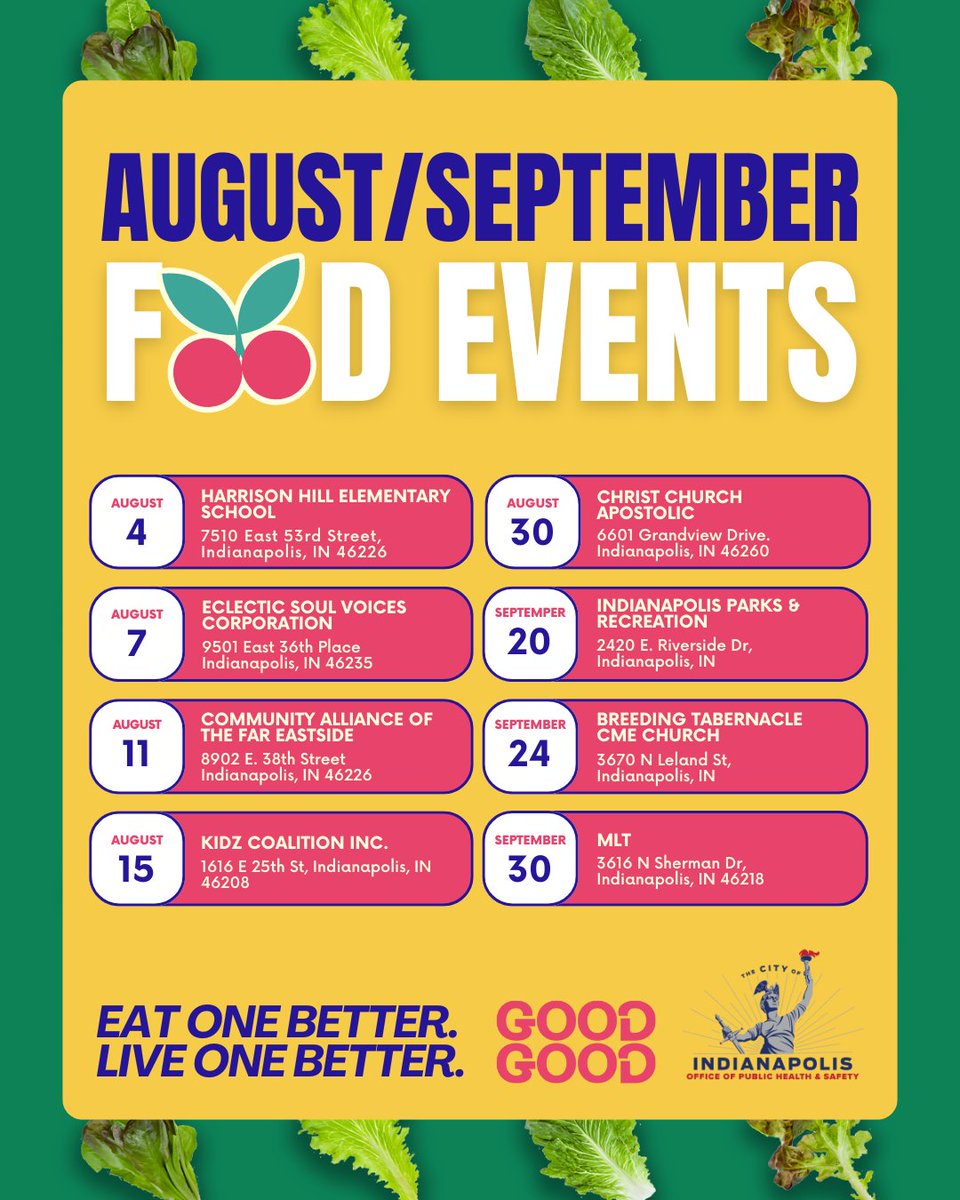 IndyOPHS's tweet image. We’re proud to support our partners @goodgoodfood4all and @PHAnews as they continue bringing Good Good Food to communities across Indy this August and September. 🍎✨
These upcoming events are part of a bold mission to make healthy, affordable food accessible for all—because…