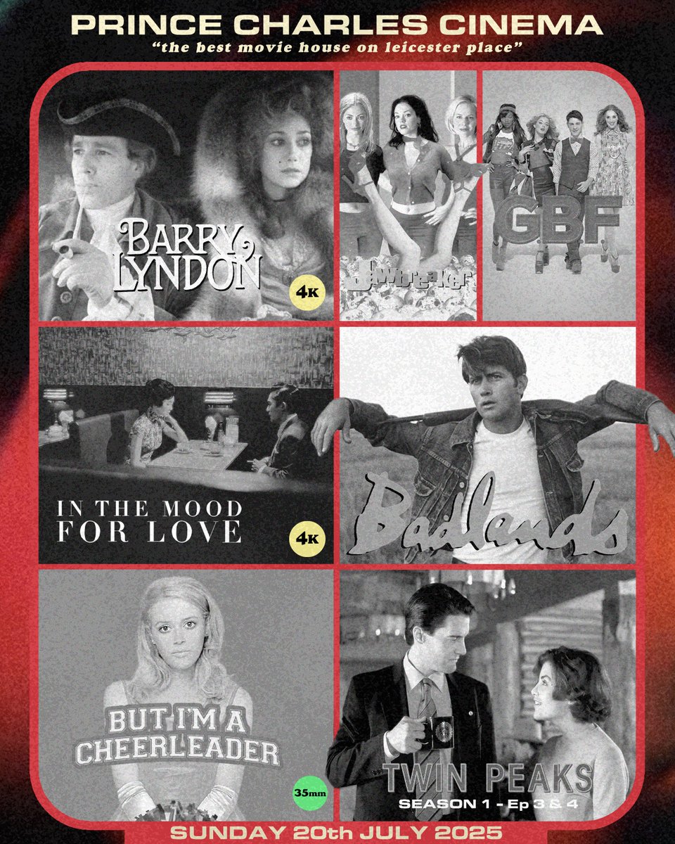 ThePCCLondon's tweet image. SHOWING TODAY 🎞️
- BARRY LYNDON in 4K
- JAWBREAKER w/ Darren Stein Q&A
- GBF w/ Darren Stein Q&A
- IN THE MOOD FOR LOVE : 25th Anniversary Edition
- BADLANDS
- BUT I'M A CHEERLEADER in 35mm
- TWIN PEAKS: SEASON ONE Ep 3 & 4
princecharlescinema.com