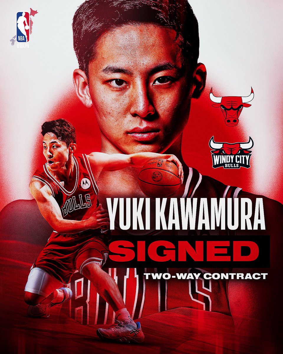 NBAJPN's tweet image. SIGNED 💪💪
サマーリーグ5試合で平均9.6点、6.6アシスト、2.2スティールと攻守に存在感を発揮した #河村勇輝 シカゴ・ブルズと2way契約締結🐃💨
@KawamuraYuki @chicagobulls @windycitybulls
#NBAJPNxSummer #NBAJPN