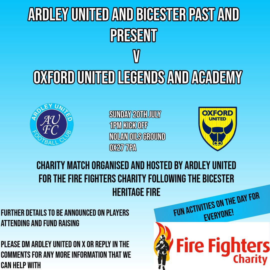 MATCH DAY ⚽️

🆚 <a href="/OUFCOfficial/">Oxford United</a> Legends
📍 OX27 7PA
🏟️ <a href="/NolanOils/">Nolan Oils & Gas</a> Ground
⌚️ 1 PM kick off 
🎟️ eventbrite.co.uk/e/ardley-unite…

Come down and support this great cause