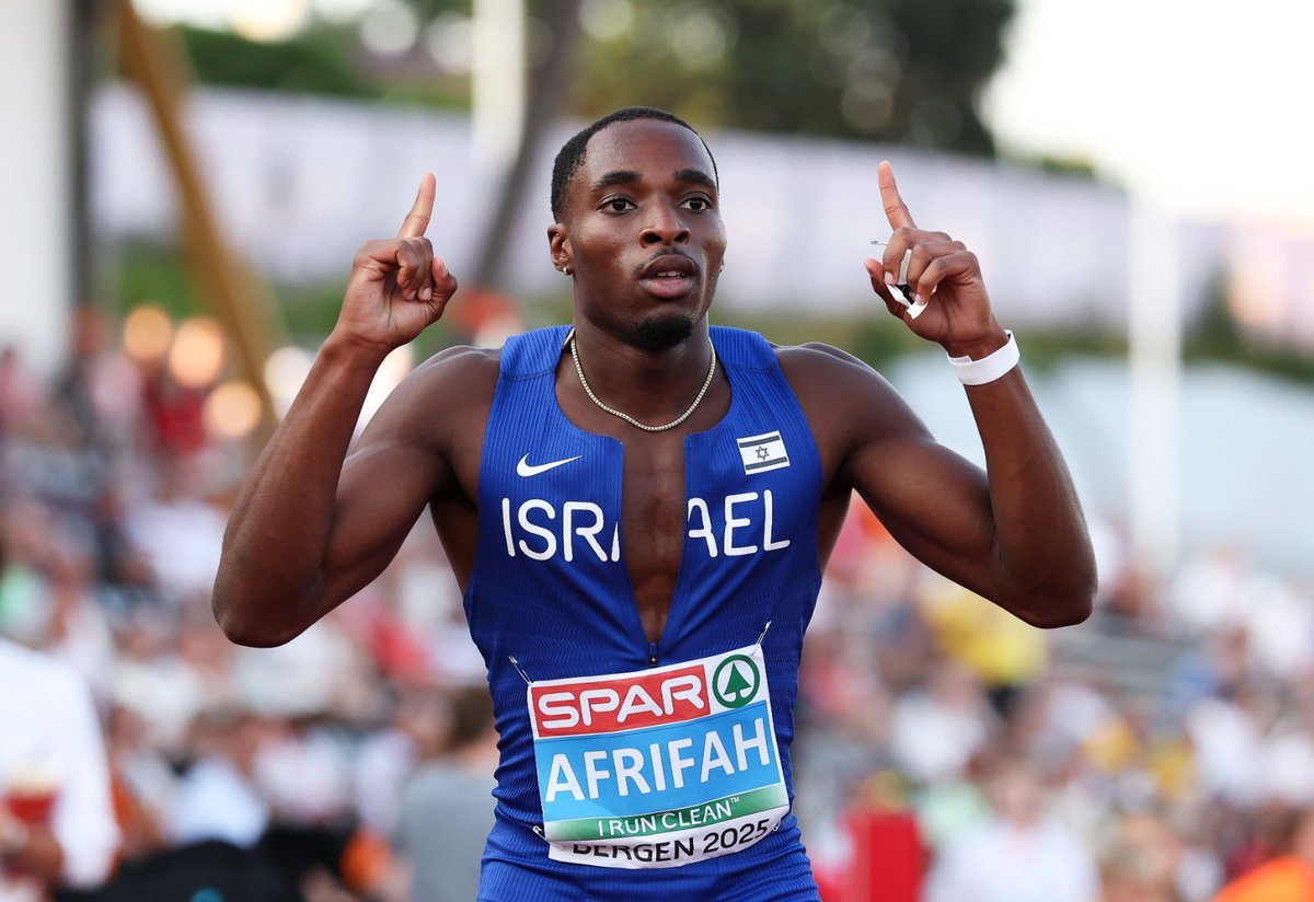 Israel's tweet image. Israel’s Blessing Afrifah does it again! 🥇
At just 21, he defended his European U23 200m title in Bergen, Norway, clocking an impressive 20.64s, matching his gold from last year.
🇮🇱 Pride. Speed. Excellence.
Credit: Alex Livesey / Stringer