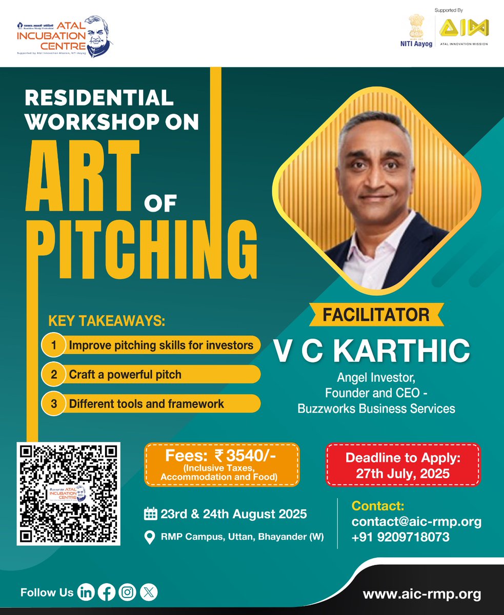 Got a killer startup idea but struggle to pitch it?
Join a 2-day hands-on workshop with VC Karthic (Investor in Droneacharya, Hubilo &amp; more) to master the art of pitching!
📅 23-24 Aug, RMP Campus, Bhayander
💰 ₹3540 (incl. stay + meals)
🔗 bit.ly/3GSam3p
#PitchPerfect
