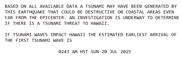 lookner's tweet photo. PTWC investigating if there is any tsunami threat to Hawaii. If there is, earliest arrival time is over 5 hours from now. https://t.co/oLKKijftaO
