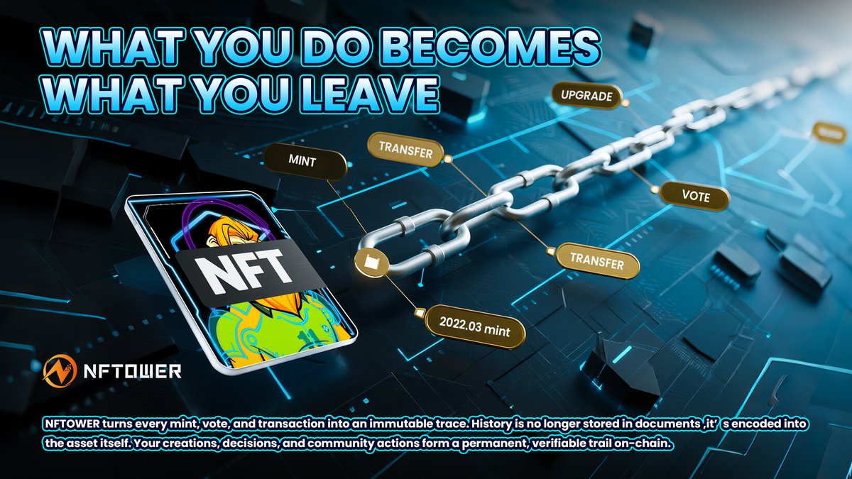 🕰 Most platforms lose history in logs.
At NFTOWER, every action becomes on-chain proof:
🔗 Who created
🔁 Who owned
🗳 What votes
📜 What roles
It’s not just memory, it’s verifiable legacy.
You don’t write history. You prove it.

#NFTOWER #OnChainHistory #DigitalLegacy #NFTProof