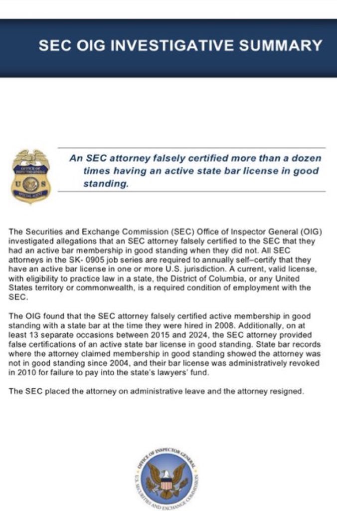 Pr0metheusLives's tweet image. SEC logic:
📜 Honest crypto project? Enforcement.
📉 Fake bar license for 13 years? Administrative leave.
Sounds about right. #SEC #RegulatoryCapture
@elonmusk @ReggieMiddleton @SovereignRiz